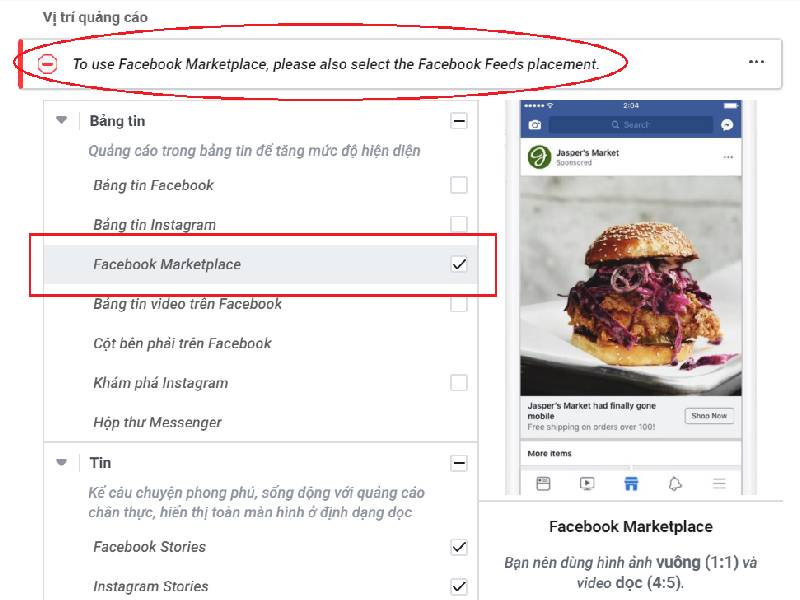vị trí hiển thị quảng cáo facebook