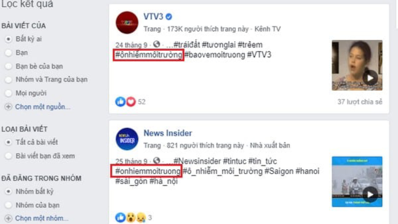 minh họa về hashtag trên facebook