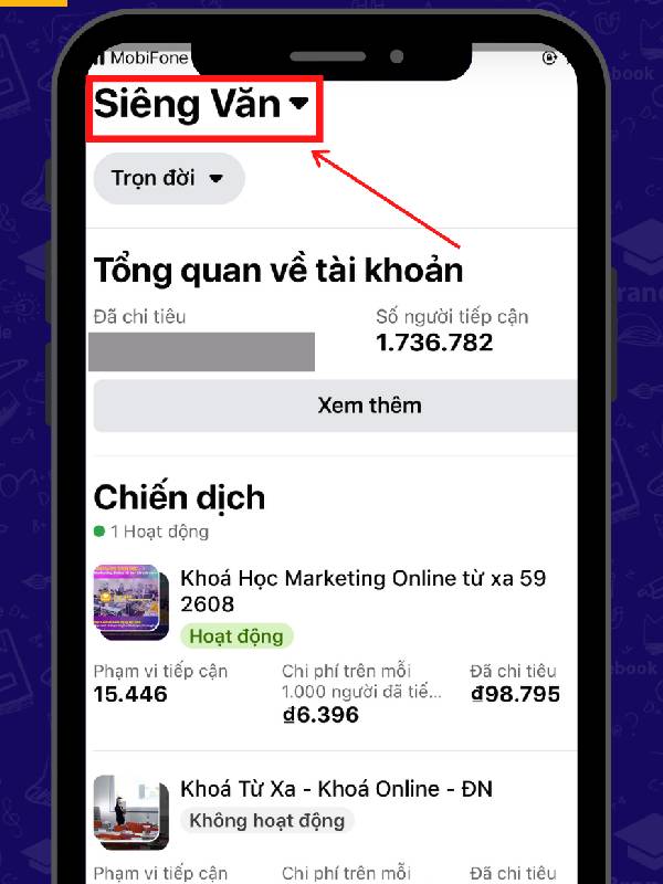 xem id acc quảng cáo facebook trên điện thoại