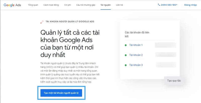 Truy cập trang chủ tài khoản người quản lý Google Ads