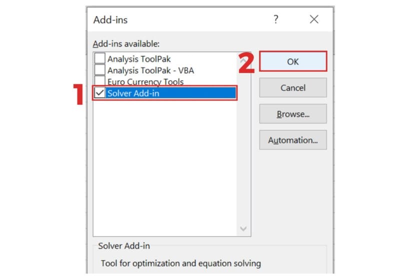 Đánh dấu chọn Solver Add-in để thêm vào Excel