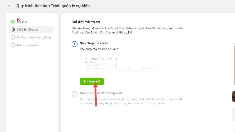 Sao chép mã pixel Facebook