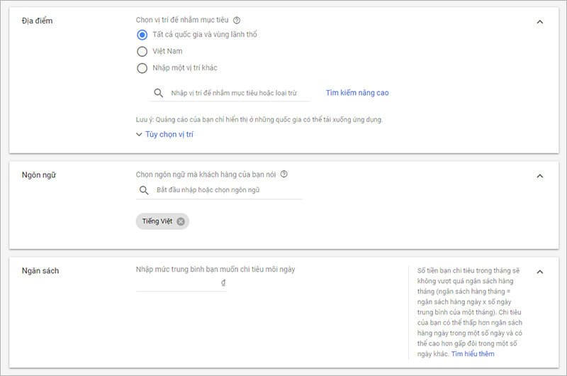 Cài đặt vị trí nhắm mục tiêu, ngôn ngữ và ngân sách quảng cáo Google Play