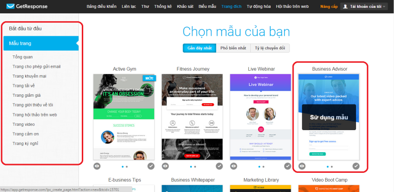 Bước 2: Lựa chọn mẫu Landing Page phù hợp