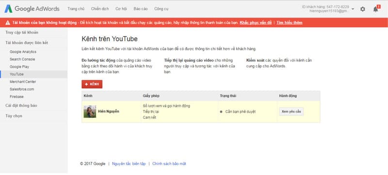 Liên kết tài khoản Google Ads với kênh Youtube